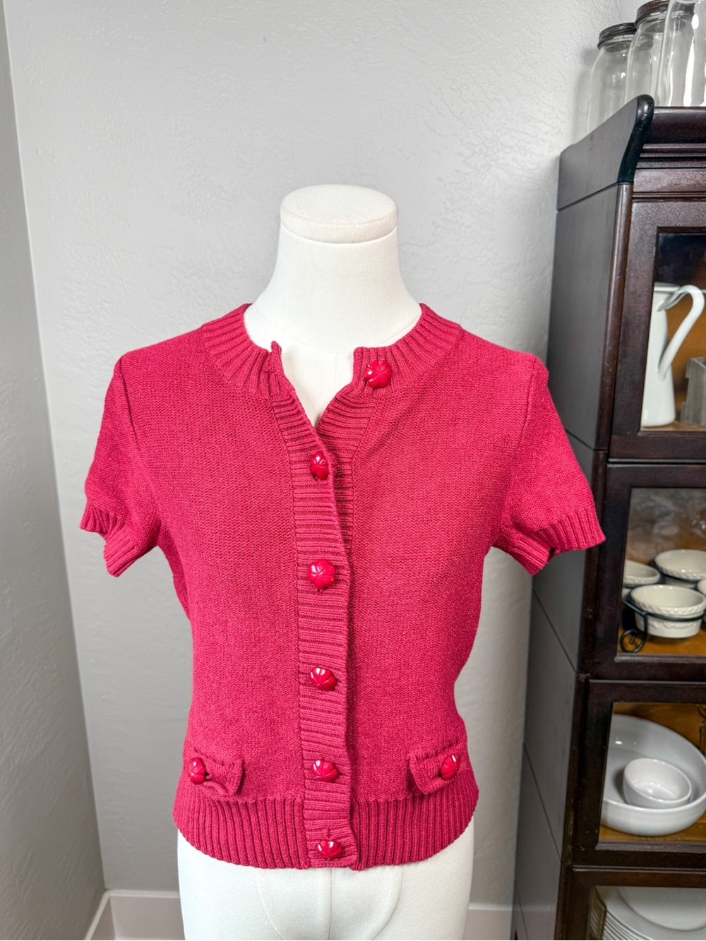 Vintage AK Anne Klein Berry Color Short Sleeve Knit Cardigan Sweater Size S